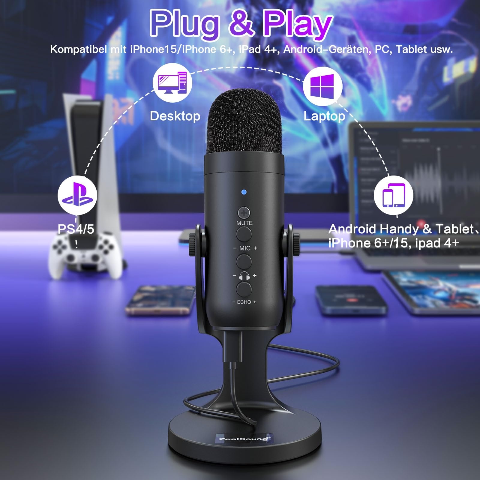 USB kondenzátorový mikrofon Zealsound K66, černý PC OK0118
